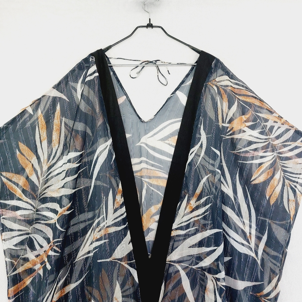 New Boutique Tropical Leaf Print Open Front Cradigan Top P4734 - Picture 3 of 6